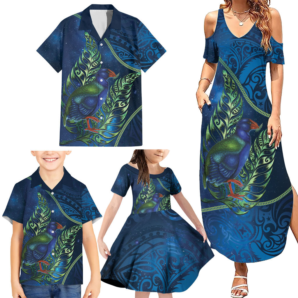 New Zealand Takahe Personalised Family Matching Summer Maxi Dress and Hawaiian Shirt Silver Fern Galaxy Polynesian Pattern