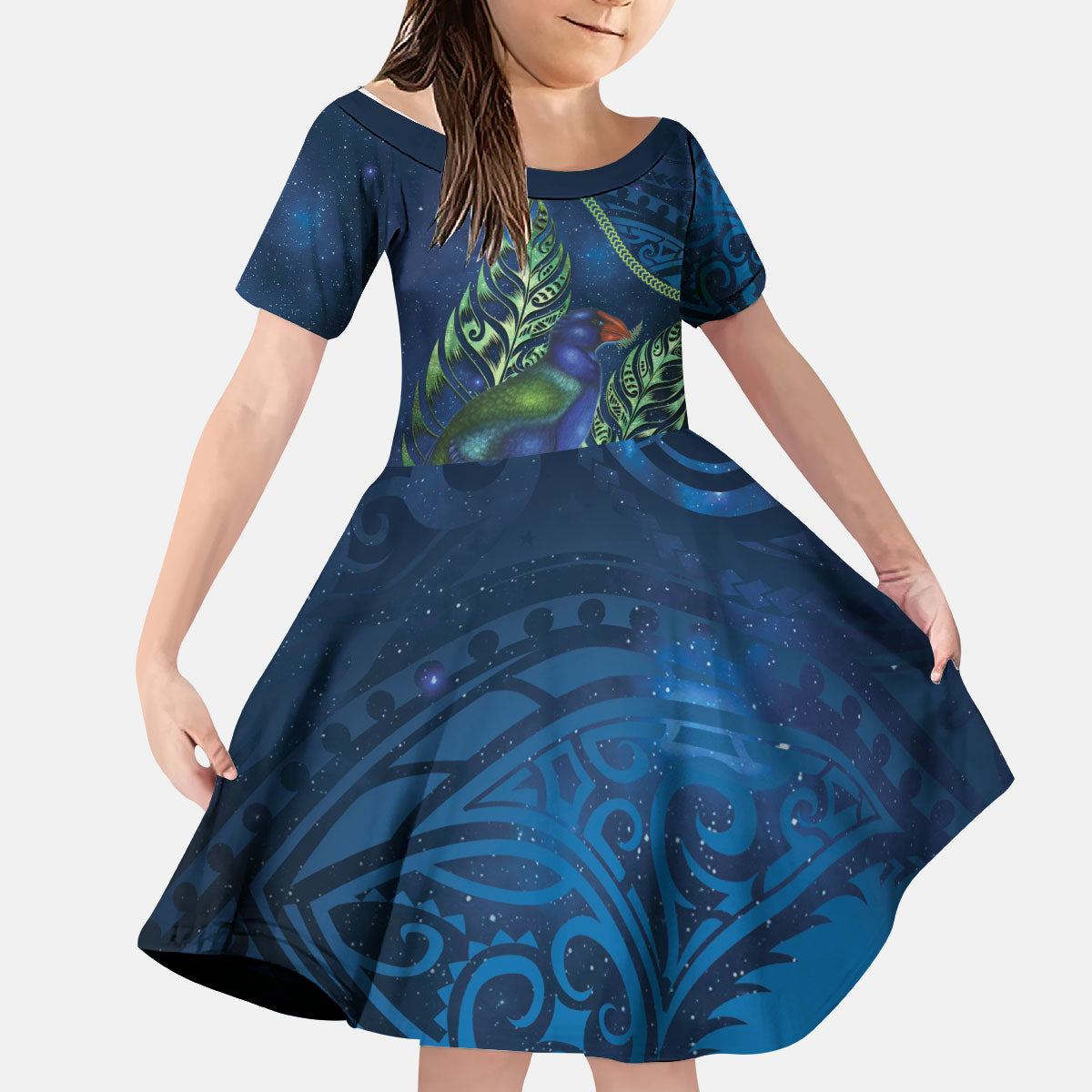 New Zealand Takahe Personalised Kid Short Sleeve Dress Silver Fern Galaxy Polynesian Pattern