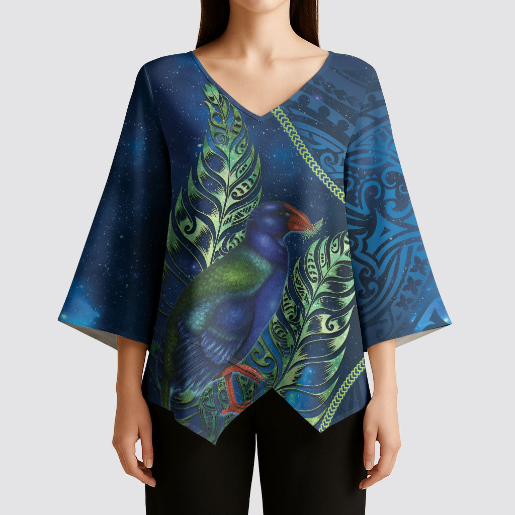 New Zealand Takahe Personalised Kimono Sleeve Blouse Silver Fern Galaxy Polynesian Pattern