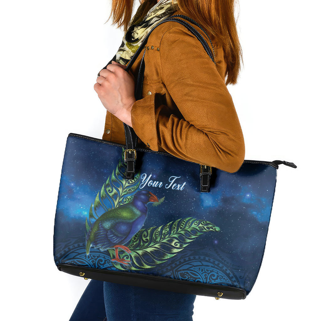 New Zealand Takahe Personalised Leather Tote Bag Silver Fern Galaxy Polynesian Pattern