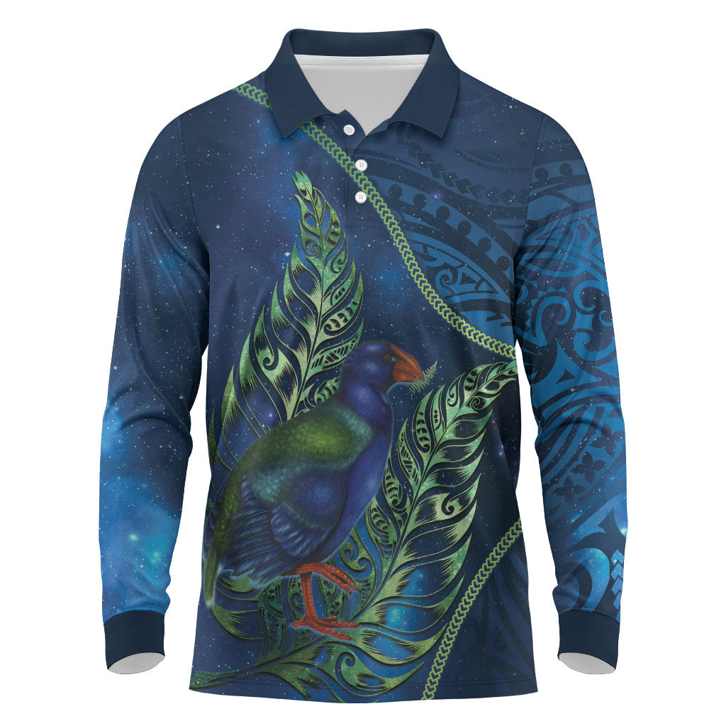 New Zealand Takahe Personalised Long Sleeve Polo Shirt Silver Fern Galaxy Polynesian Pattern