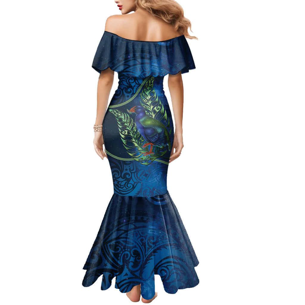 New Zealand Takahe Personalised Mermaid Dress Silver Fern Galaxy Polynesian Pattern