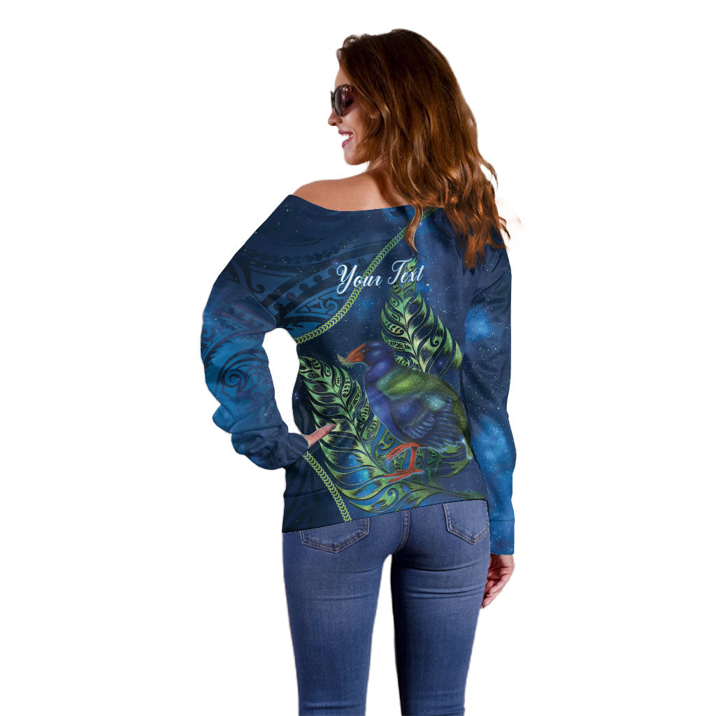 New Zealand Takahe Personalised Off Shoulder Sweater Silver Fern Galaxy Polynesian Pattern