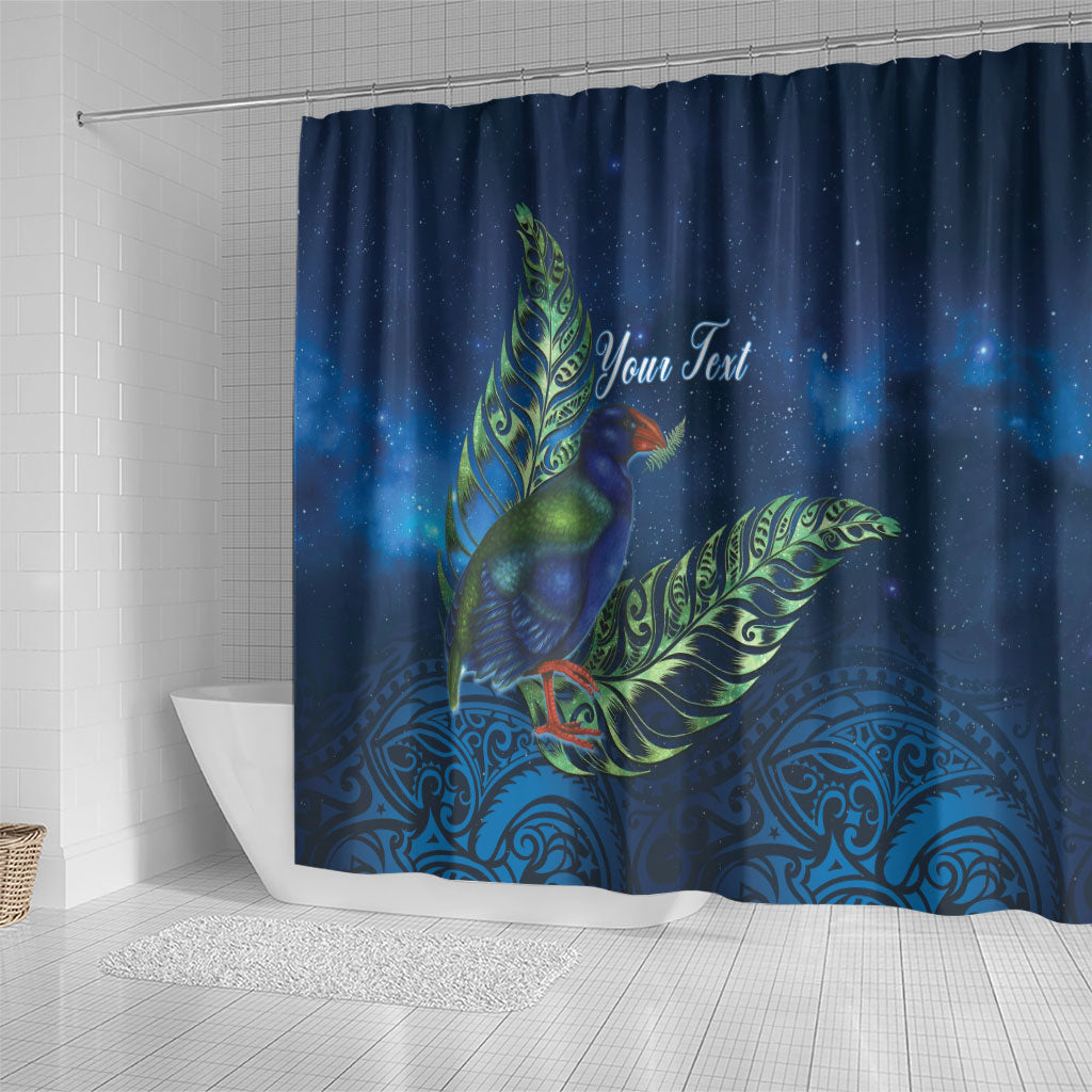 New Zealand Takahe Personalised Shower Curtain Silver Fern Galaxy Polynesian Pattern