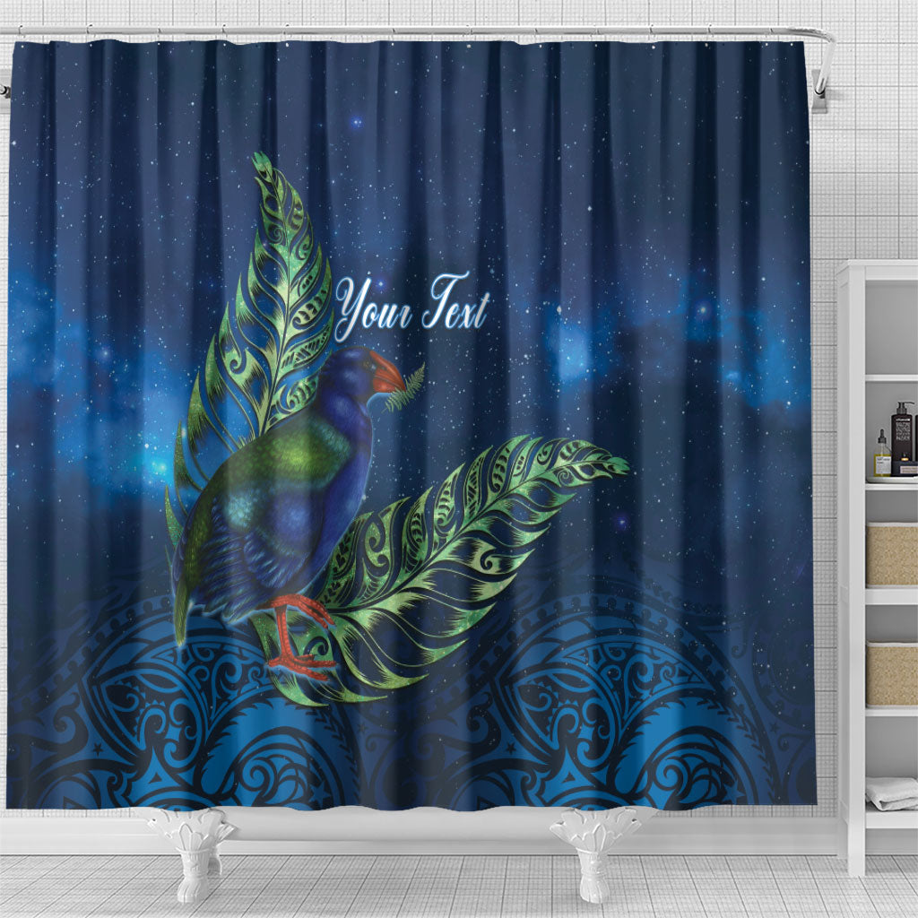 New Zealand Takahe Personalised Shower Curtain Silver Fern Galaxy Polynesian Pattern