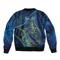 New Zealand Takahe Personalised Sleeve Zip Bomber Jacket Silver Fern Galaxy Polynesian Pattern