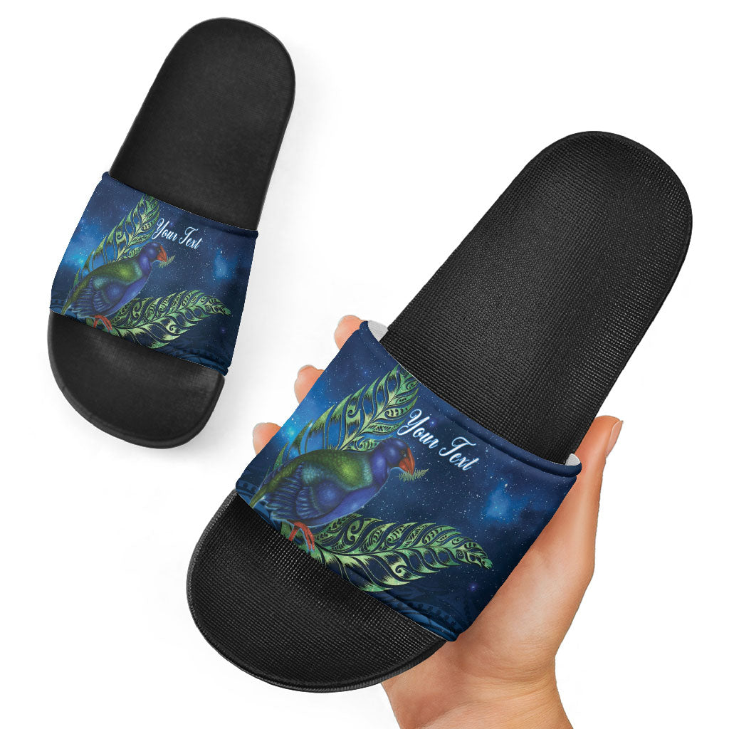 New Zealand Takahe Personalised Slide Sandals Silver Fern Galaxy Polynesian Pattern