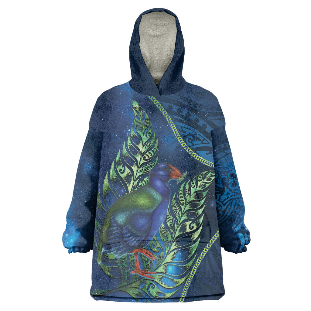 New Zealand Takahe Personalised Wearable Blanket Hoodie Silver Fern Galaxy Polynesian Pattern