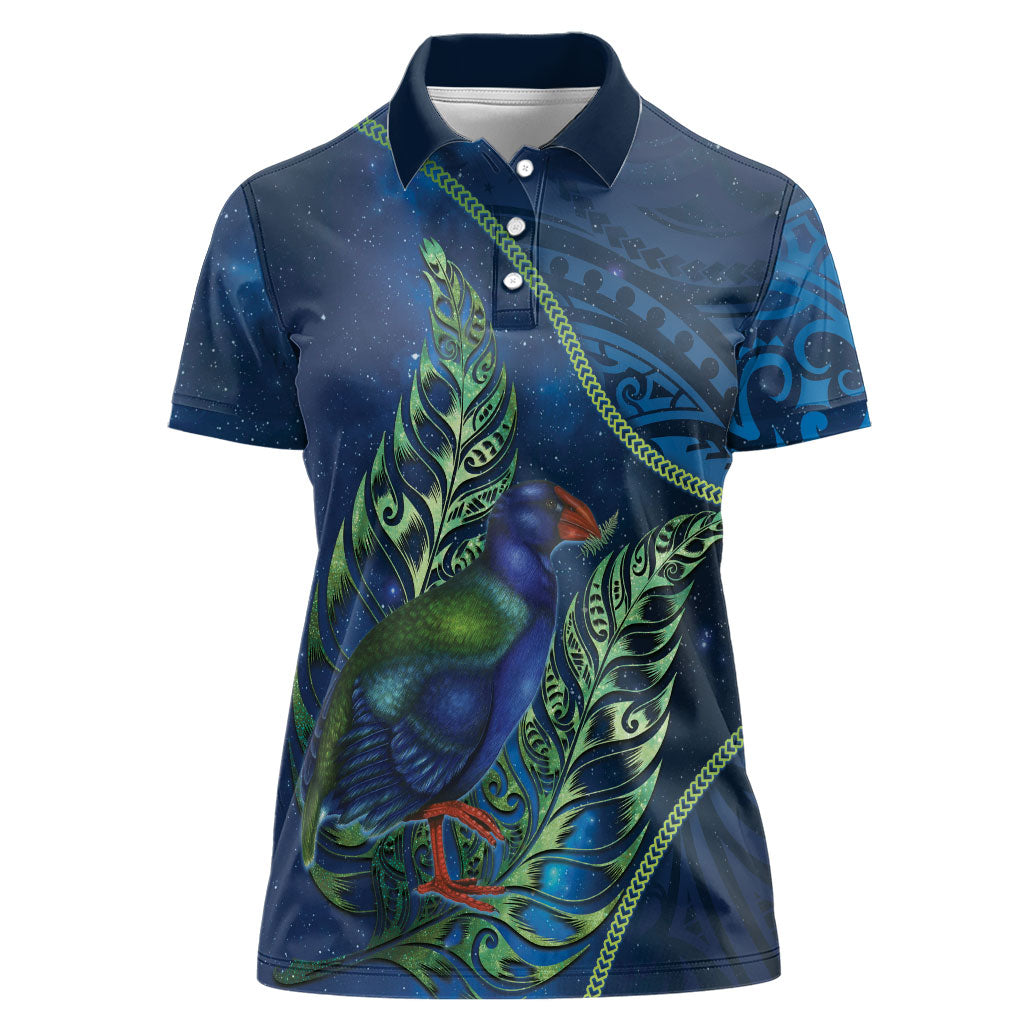 New Zealand Takahe Personalised Women Polo Shirt Silver Fern Galaxy Polynesian Pattern