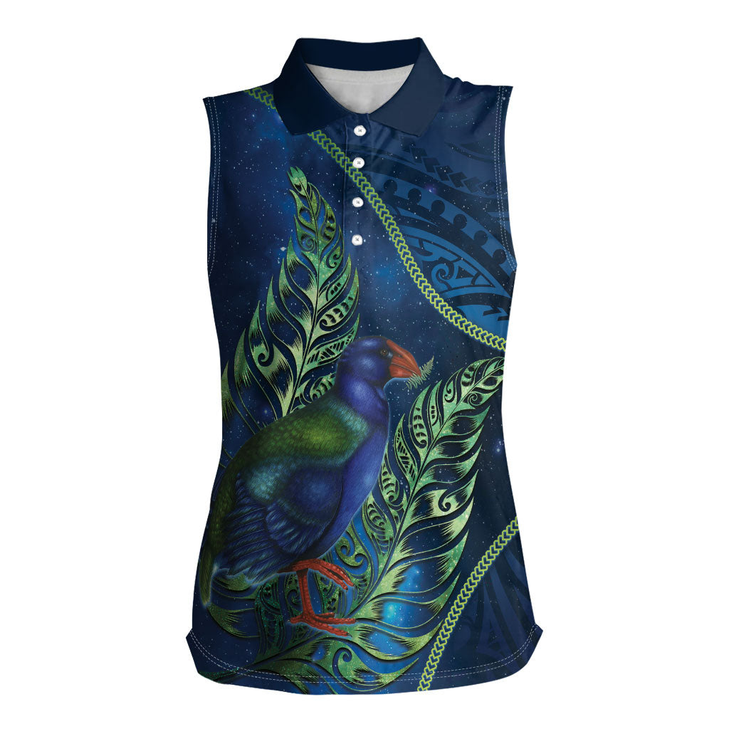 New Zealand Takahe Personalised Women Sleeveless Polo Shirt Silver Fern Galaxy Polynesian Pattern