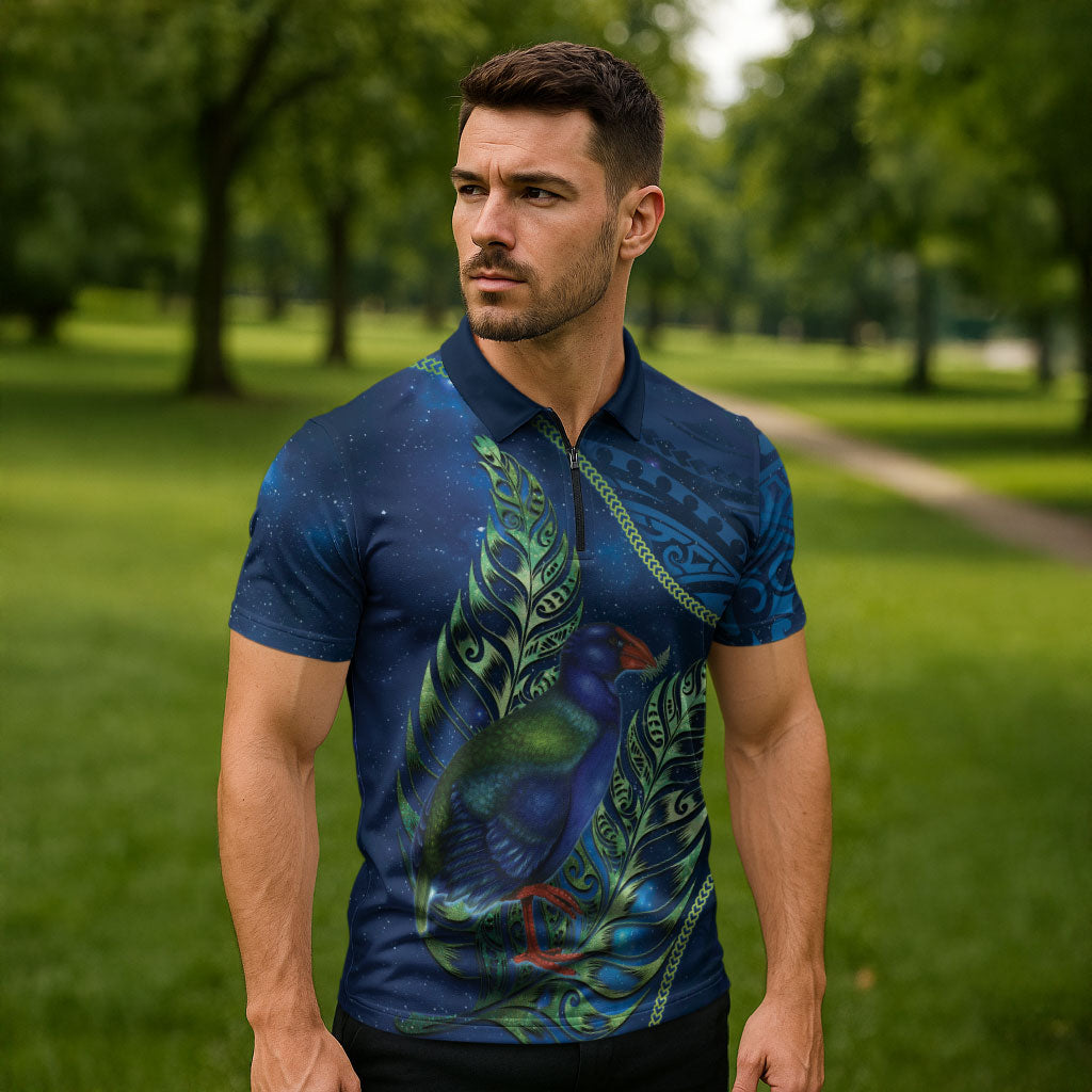 New Zealand Takahe Personalised Zipper Polo Shirt Silver Fern Galaxy Polynesian Pattern