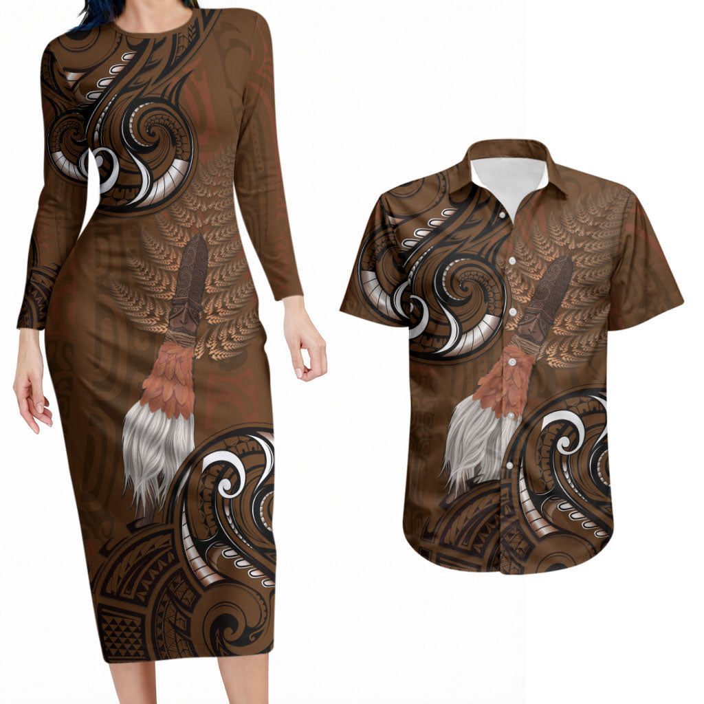 New Zealand Taiaha Couples Matching Long Sleeve Bodycon Dress and Hawaiian Shirt Maori Weapon Silver Fern Maori Pattern LT22 Brown - Polynesian Pride