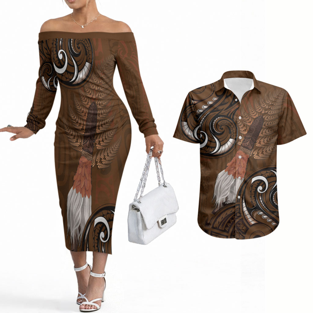 New Zealand Taiaha Couples Matching Off The Shoulder Long Sleeve Dress and Hawaiian Shirt Maori Weapon Silver Fern Maori Pattern LT22 Brown - Polynesian Pride