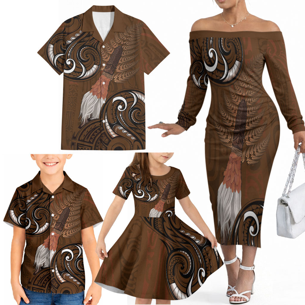 New Zealand Taiaha Family Matching Off The Shoulder Long Sleeve Dress and Hawaiian Shirt Maori Weapon Silver Fern Maori Pattern LT22 - Polynesian Pride