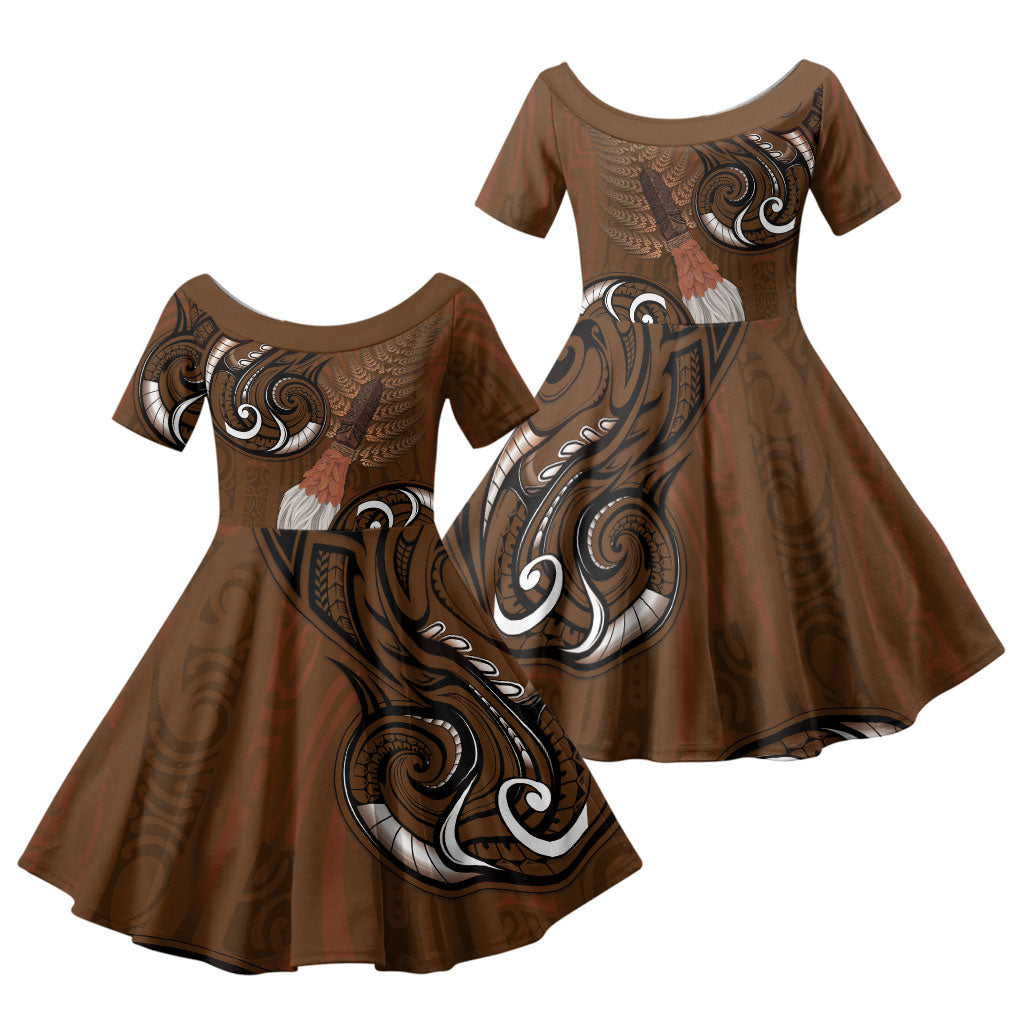 New Zealand Taiaha Family Matching Off Shoulder Short Dress and Hawaiian Shirt Maori Weapon Silver Fern Maori Pattern