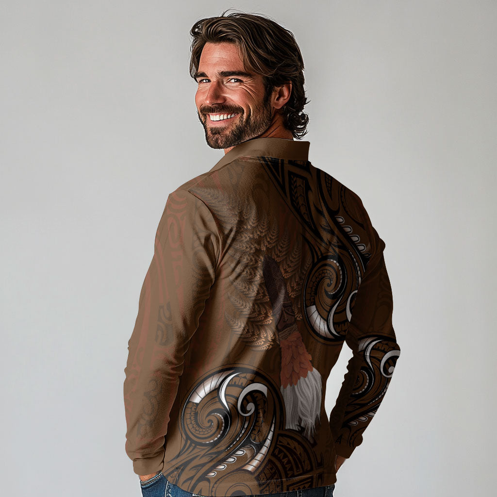 New Zealand Taiaha Long Sleeve Polo Shirt Maori Weapon Silver Fern Maori Pattern