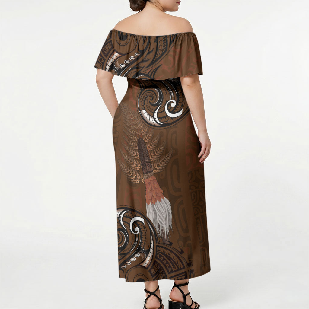 New Zealand Taiaha Off Shoulder Maxi Dress Maori Weapon Silver Fern Maori Pattern