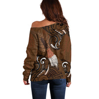 New Zealand Taiaha Off Shoulder Sweater Maori Weapon Silver Fern Maori Pattern