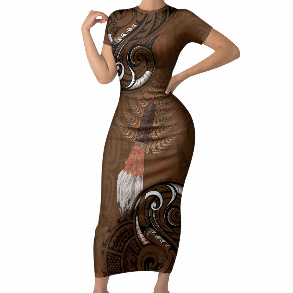New Zealand Taiaha Short Sleeve Bodycon Dress Maori Weapon Silver Fern Maori Pattern