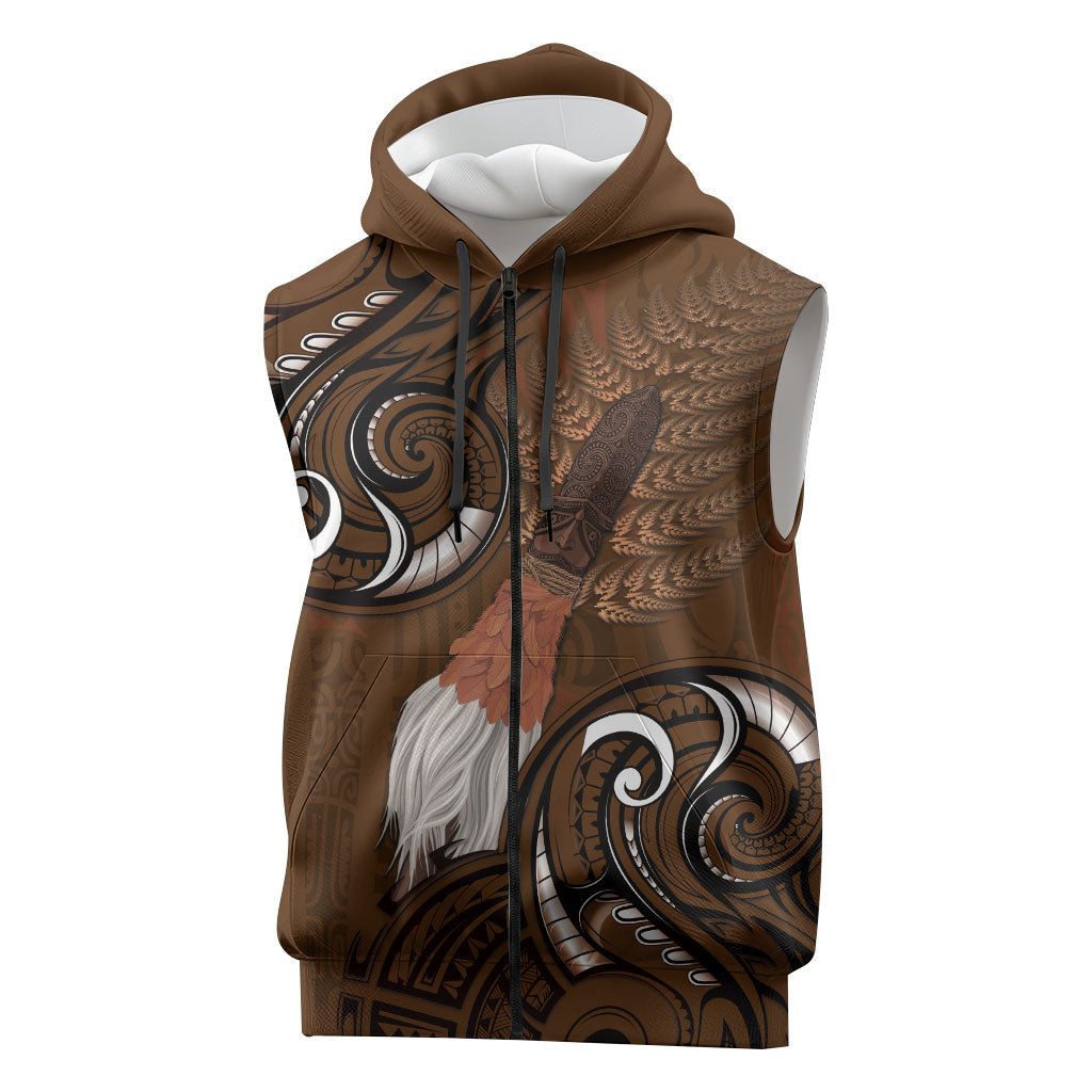 New Zealand Taiaha Sleeveless Zip Hoodie Maori Weapon Silver Fern Maori Pattern