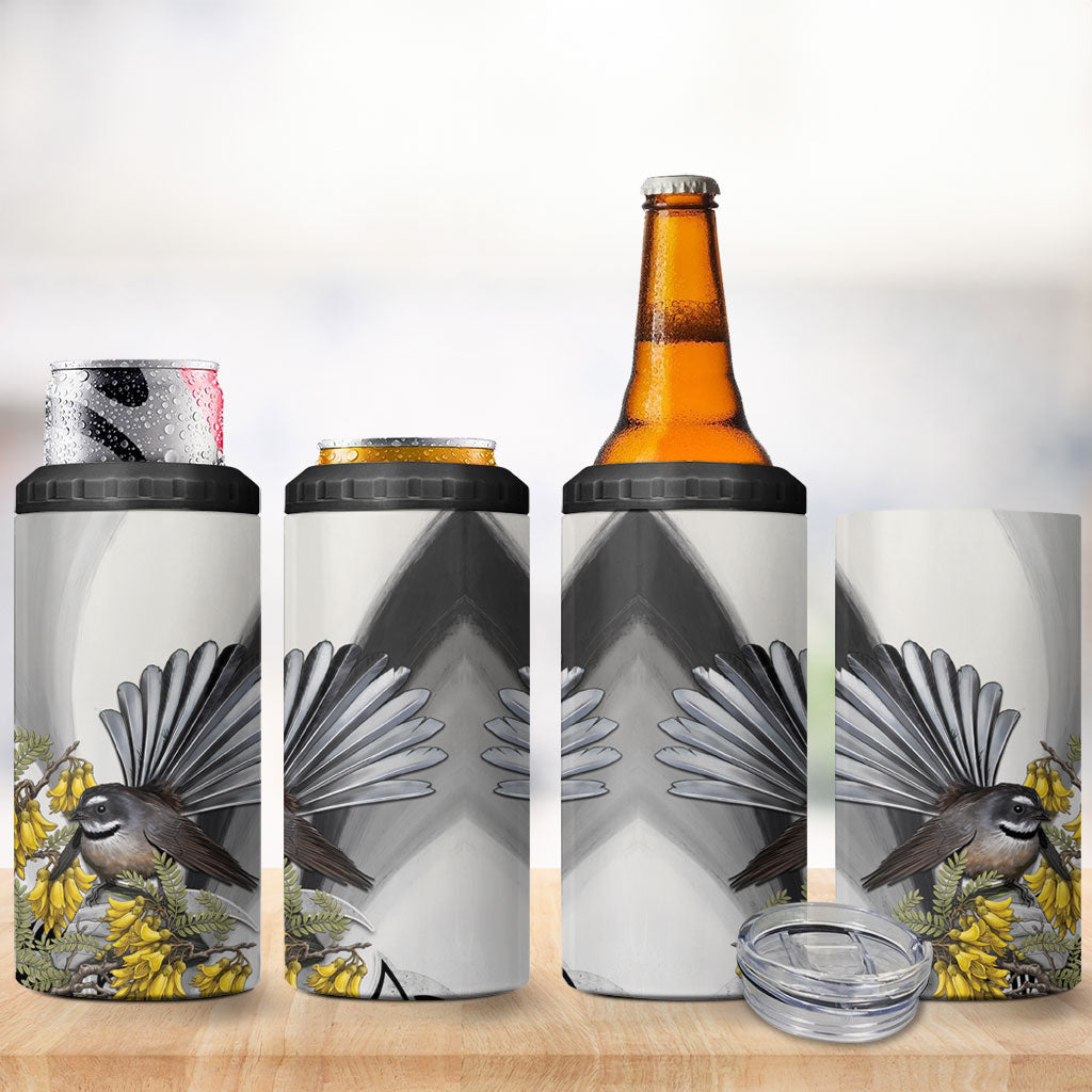 New Zealand Fantail Bird 4 in 1 Can Cooler Tumbler Maori Piwakawaka Kowhai Maori Pattern
