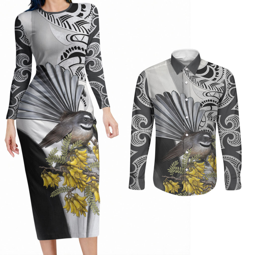 New Zealand Fantail Bird Couples Matching Long Sleeve Bodycon Dress and Long Sleeve Button Shirt Maori Piwakawaka Kowhai Maori Pattern LT22 Grey - Polynesian Pride