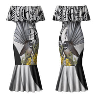 New Zealand Fantail Bird Couples Matching Mermaid Dress and Hawaiian Shirt Maori Piwakawaka Kowhai Maori Pattern