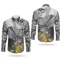 New Zealand Fantail Bird Couples Matching Off The Shoulder Long Sleeve Dress and Long Sleeve Button Shirt Maori Piwakawaka Kowhai Maori Pattern
