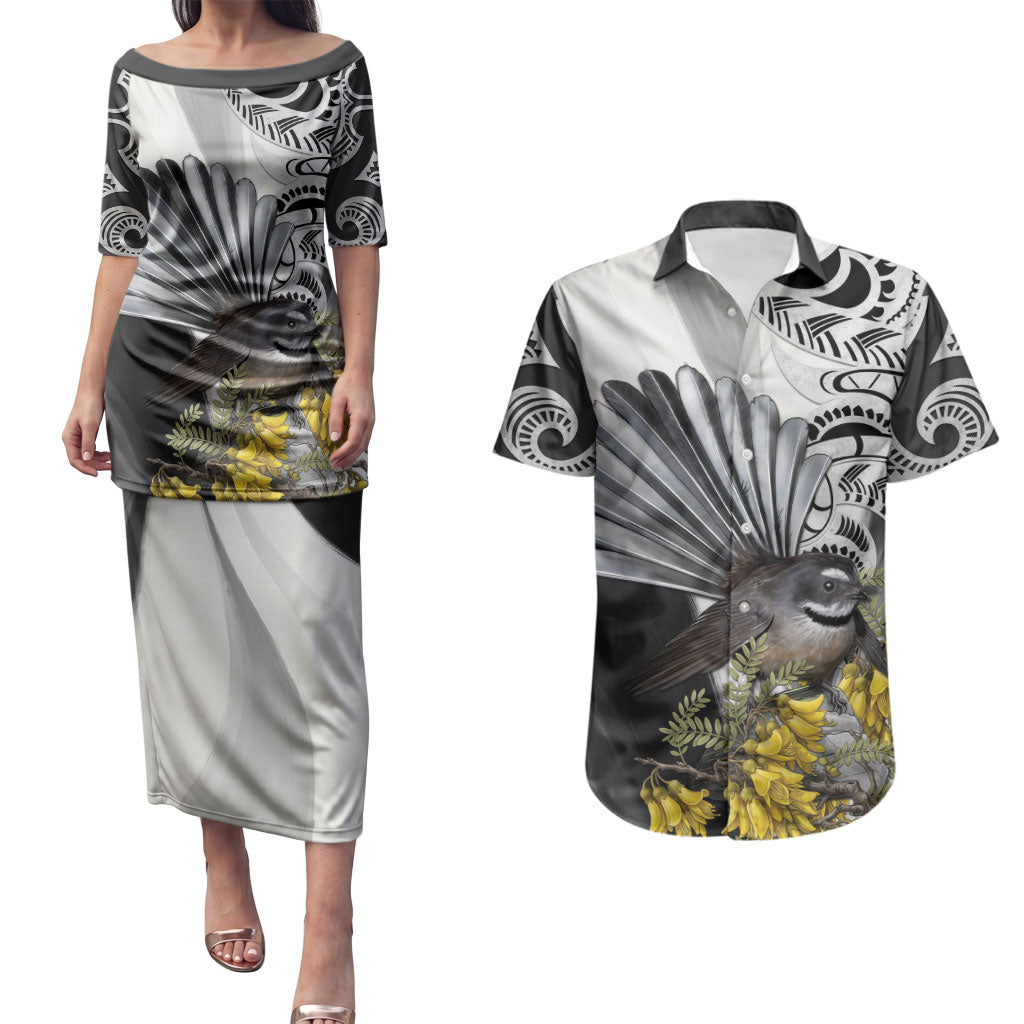 New Zealand Fantail Bird Couples Matching Puletasi and Hawaiian Shirt Maori Piwakawaka Kowhai Maori Pattern LT22 Grey - Polynesian Pride