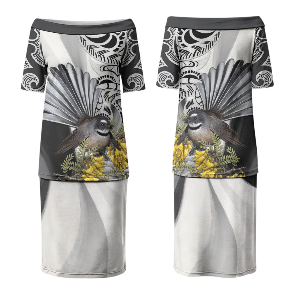 New Zealand Fantail Bird Couples Matching Puletasi and Hawaiian Shirt Maori Piwakawaka Kowhai Maori Pattern