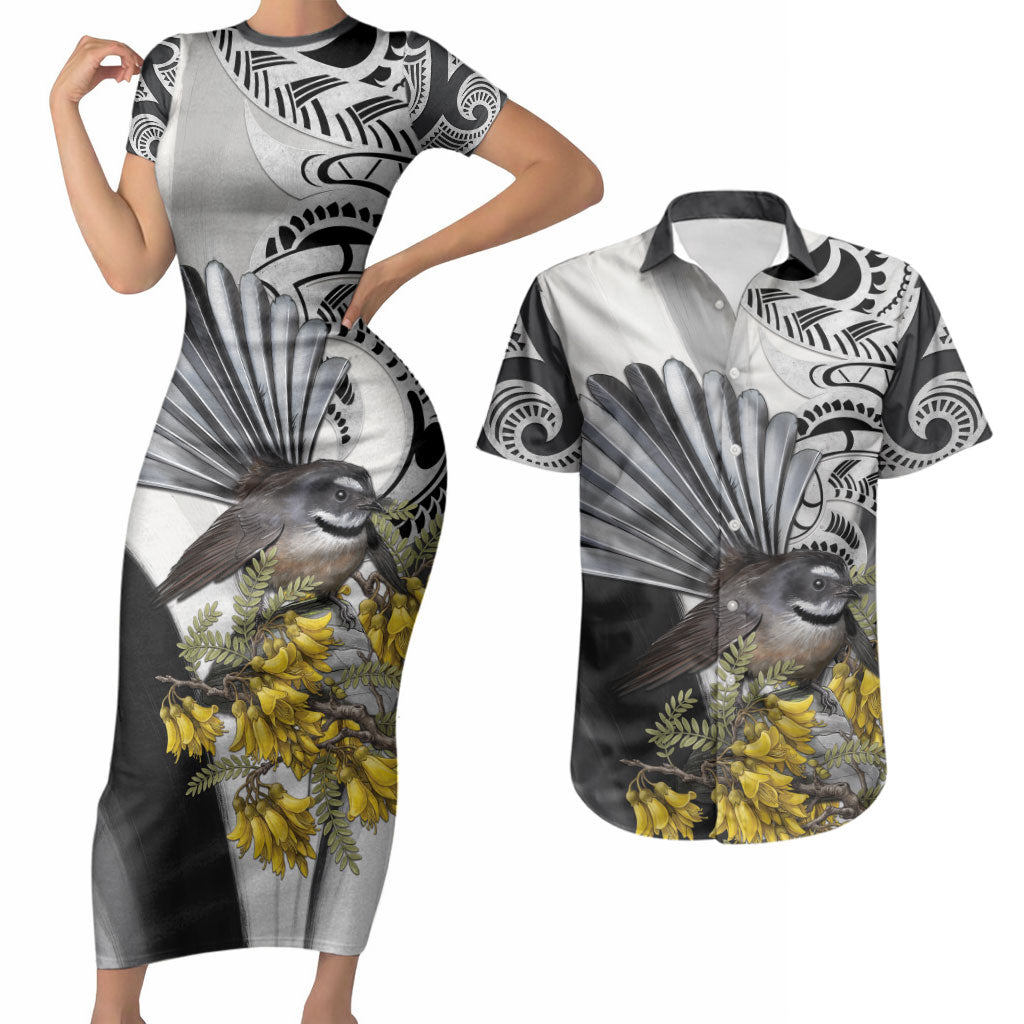 New Zealand Fantail Bird Couples Matching Short Sleeve Bodycon Dress and Hawaiian Shirt Maori Piwakawaka Kowhai Maori Pattern LT22 Grey - Polynesian Pride