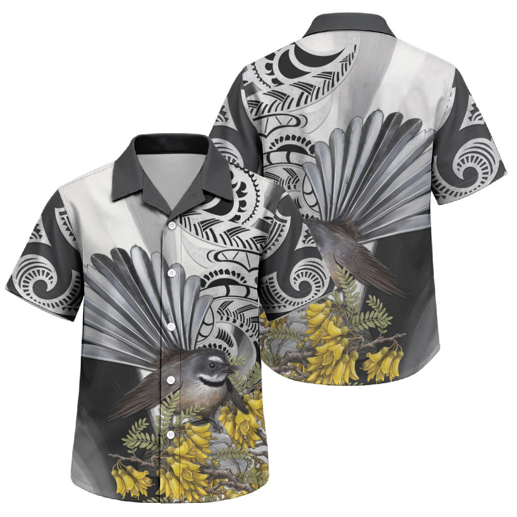 New Zealand Fantail Bird Family Matching Off The Shoulder Long Sleeve Dress and Hawaiian Shirt Maori Piwakawaka Kowhai Maori Pattern