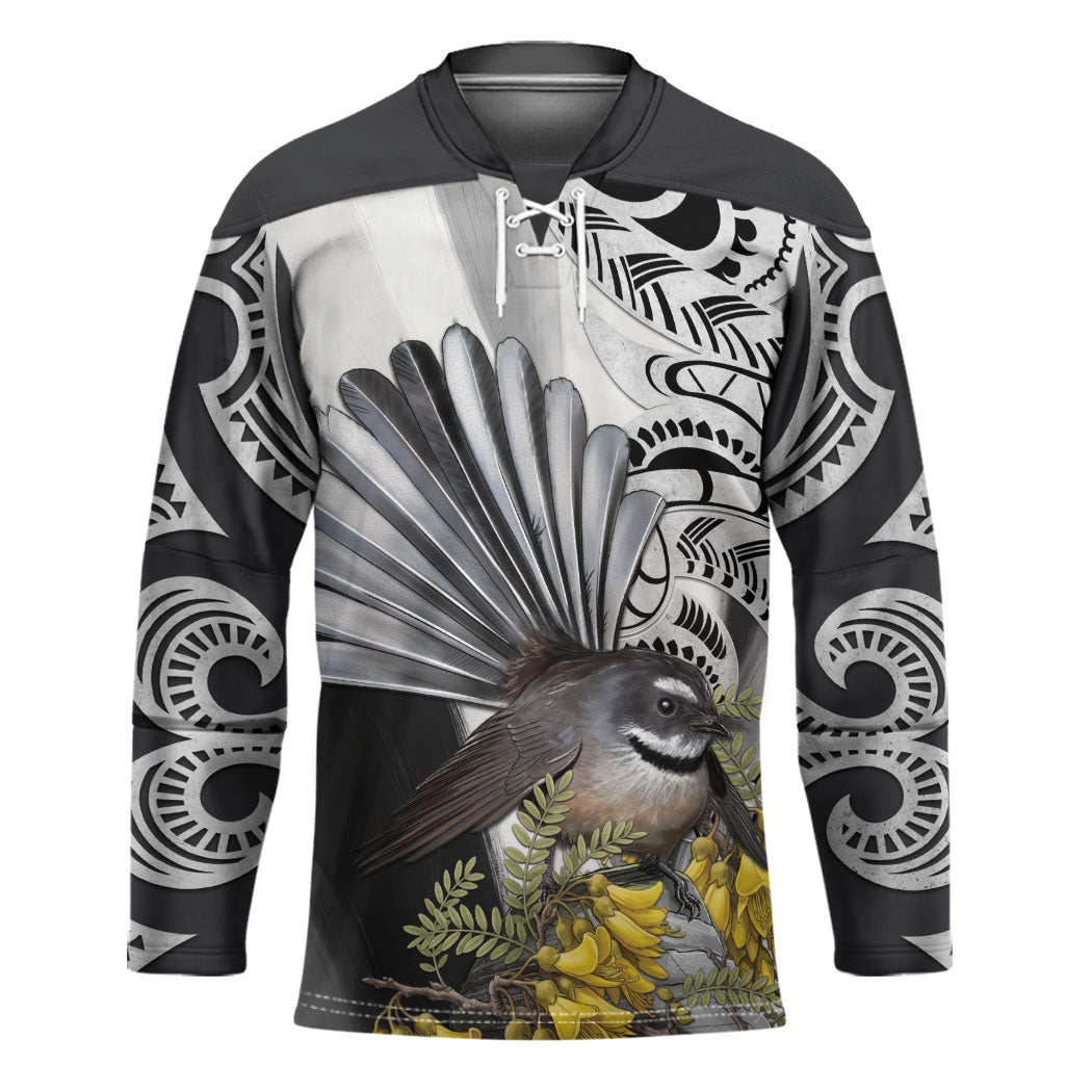 New Zealand Fantail Bird Hockey Jersey Maori Piwakawaka Kowhai Maori Pattern