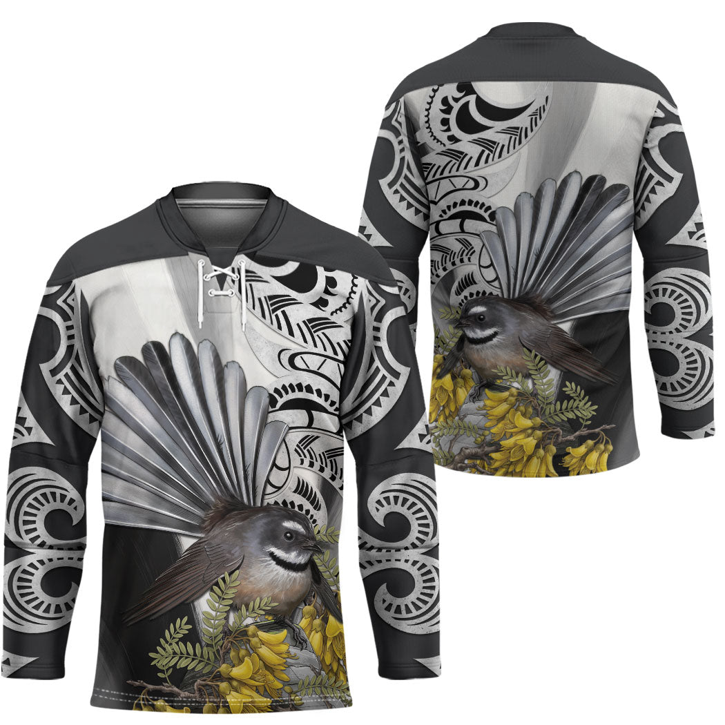 New Zealand Fantail Bird Hockey Jersey Maori Piwakawaka Kowhai Maori Pattern