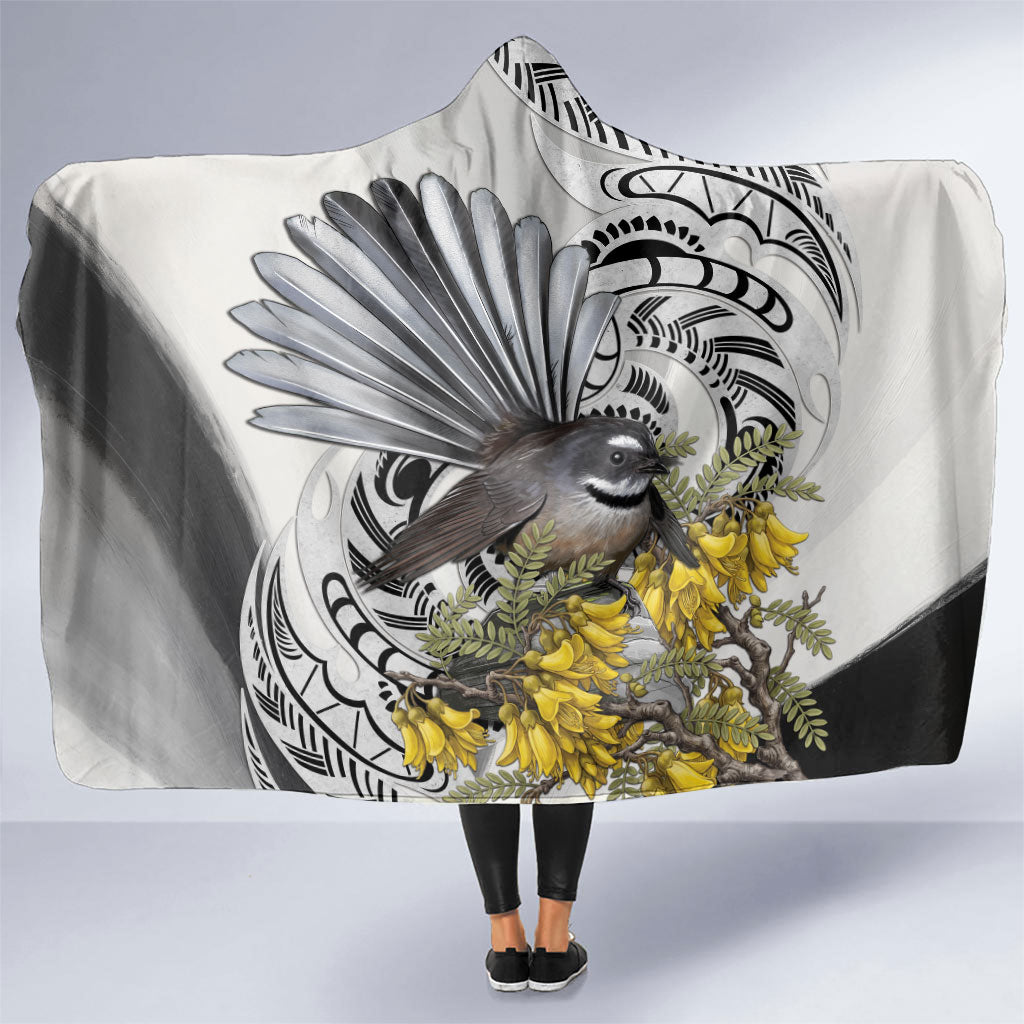 New Zealand Fantail Bird Hooded Blanket Maori Piwakawaka Kowhai Maori Pattern