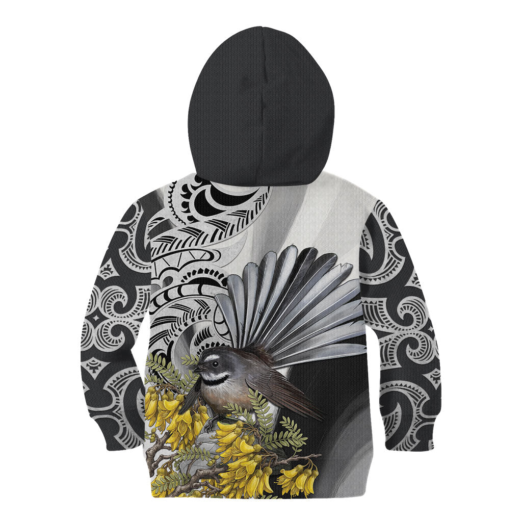 New Zealand Fantail Bird Kid Hoodie Maori Piwakawaka Kowhai Maori Pattern