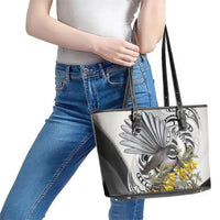 New Zealand Fantail Bird Leather Tote Bag Maori Piwakawaka Kowhai Maori Pattern