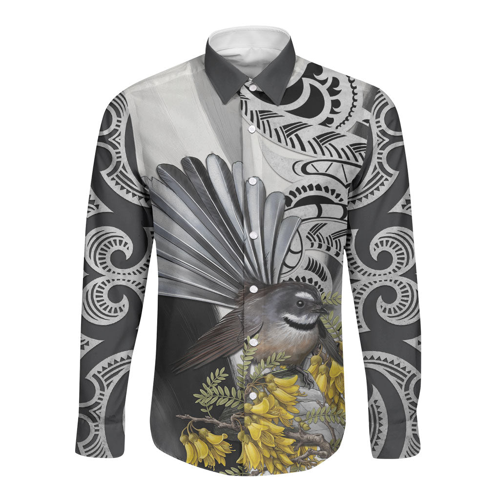 New Zealand Fantail Bird Long Sleeve Button Shirt Maori Piwakawaka Kowhai Maori Pattern