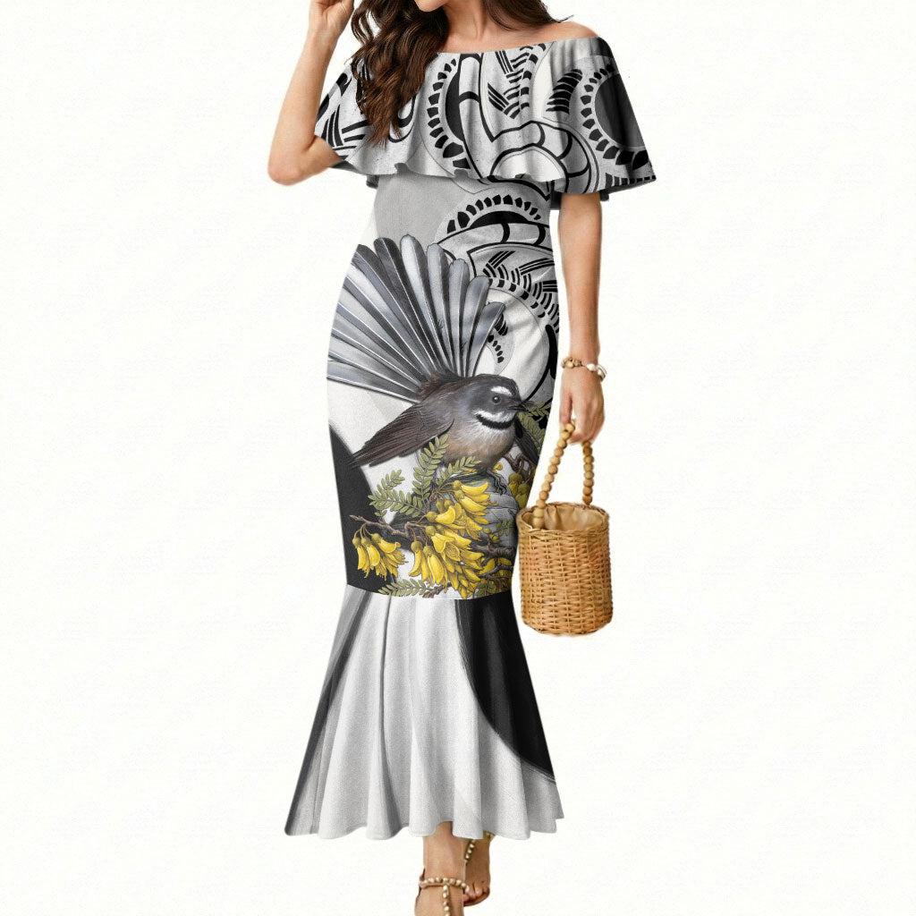 New Zealand Fantail Bird Mermaid Dress Maori Piwakawaka Kowhai Maori Pattern
