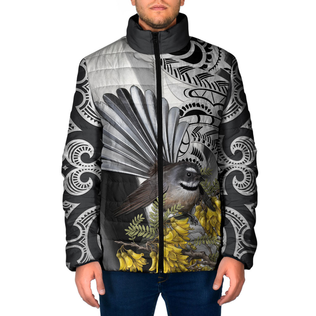 New Zealand Fantail Bird Padded Jacket Maori Piwakawaka Kowhai Maori Pattern
