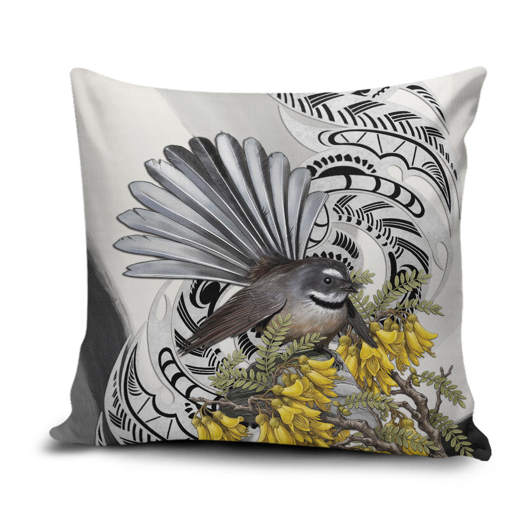New Zealand Fantail Bird Pillow Cover Maori Piwakawaka Kowhai Maori Pattern LT22 Grey - Polynesian Pride