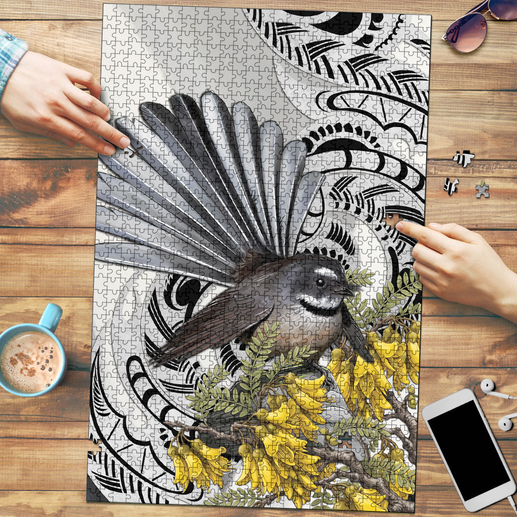 New Zealand Fantail Bird Puzzle Maori Piwakawaka Kowhai Maori Pattern LT22 Grey - Polynesian Pride