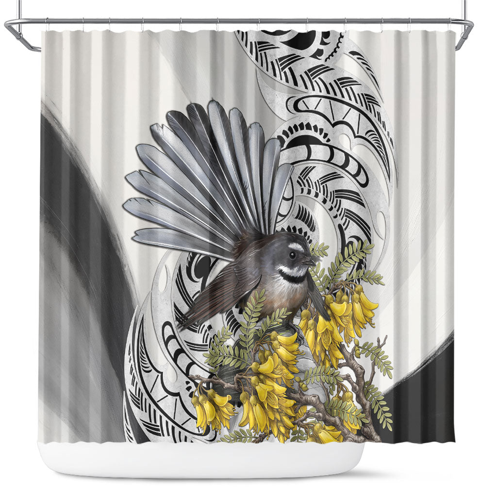 New Zealand Fantail Bird Shower Curtain Maori Piwakawaka Kowhai Maori Pattern