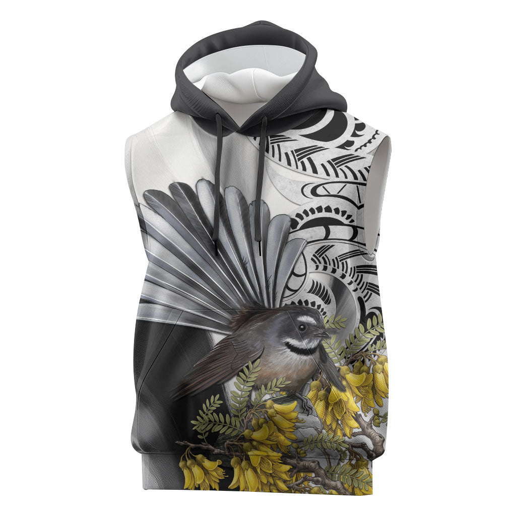 New Zealand Fantail Bird Sleeveless Hoodie Maori Piwakawaka Kowhai Maori Pattern