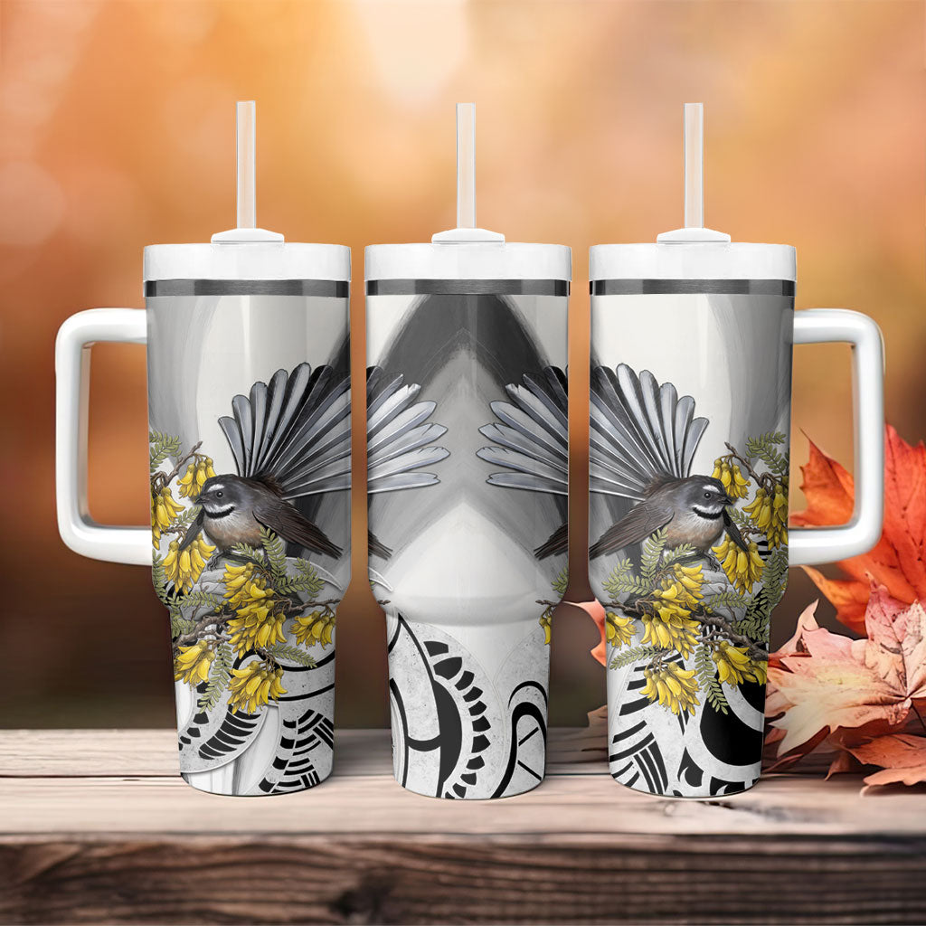 New Zealand Fantail Bird Tumbler With Handle Maori Piwakawaka Kowhai Maori Pattern