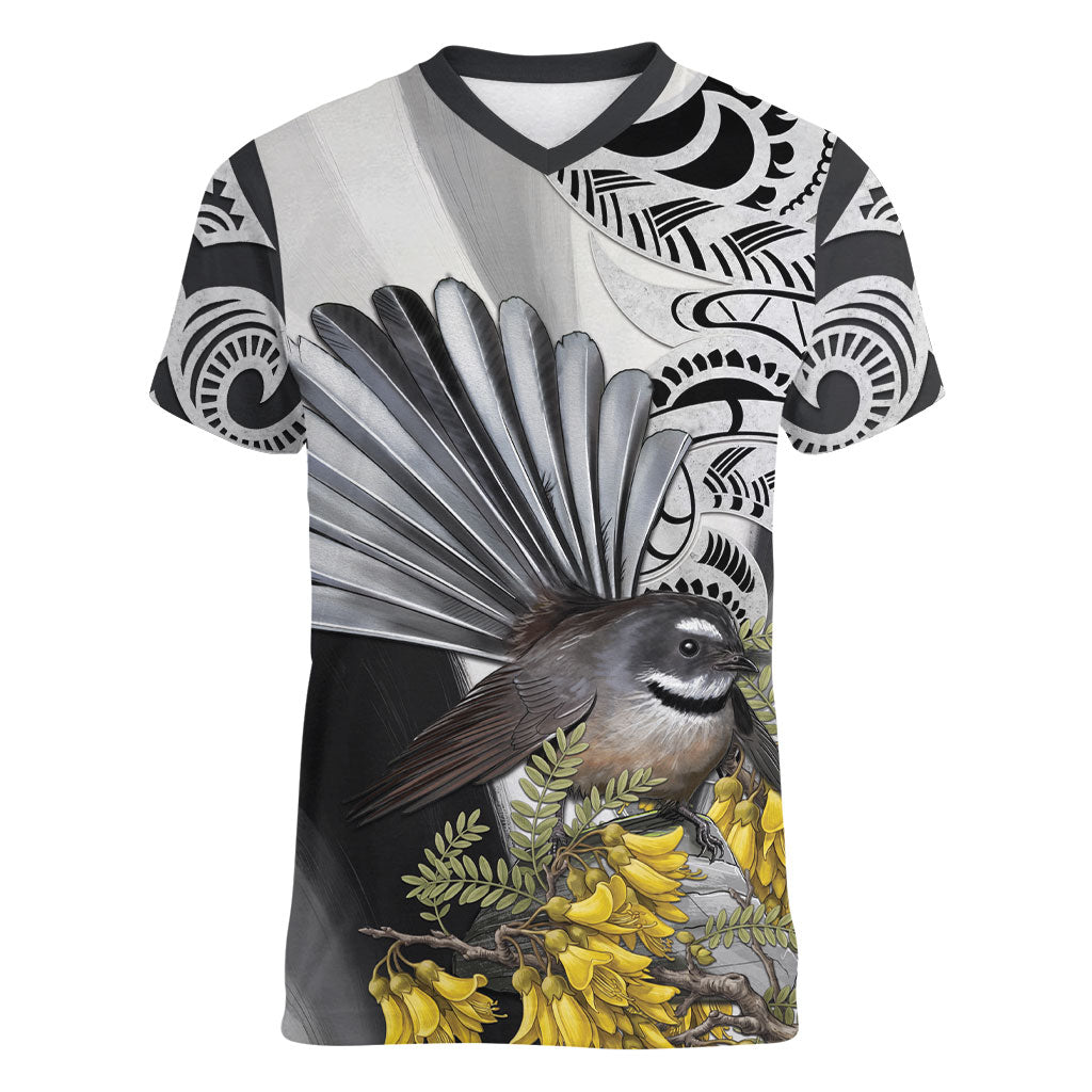 New Zealand Fantail Bird Women V-Neck T-Shirt Maori Piwakawaka Kowhai Maori Pattern