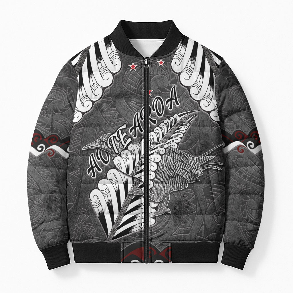 New Zealand Weka Personalised Bomber Puffer Jacket Aotearoa Hen Silver Fern Maori Pattern