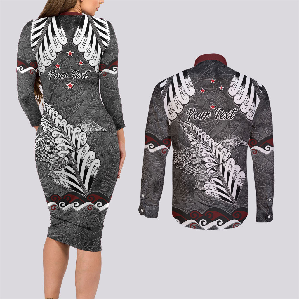 New Zealand Weka Personalised Couples Matching Long Sleeve Bodycon Dress and Long Sleeve Button Shirt Aotearoa Hen Silver Fern Maori Pattern