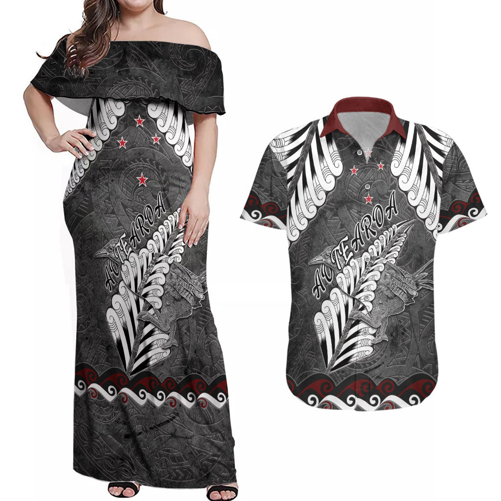 New Zealand Weka Personalised Couples Matching Off Shoulder Maxi Dress and Hawaiian Shirt Aotearoa Hen Silver Fern Maori Pattern