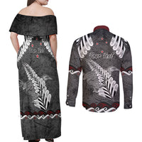 New Zealand Weka Personalised Couples Matching Off Shoulder Maxi Dress and Long Sleeve Button Shirt Aotearoa Hen Silver Fern Maori Pattern